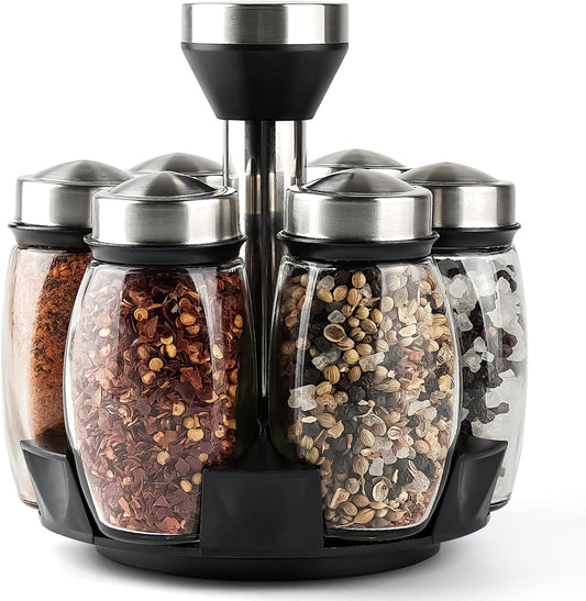6PC Spinning Glass Spice Jars - 360° Rotating Spice Rack Organizer with Jars