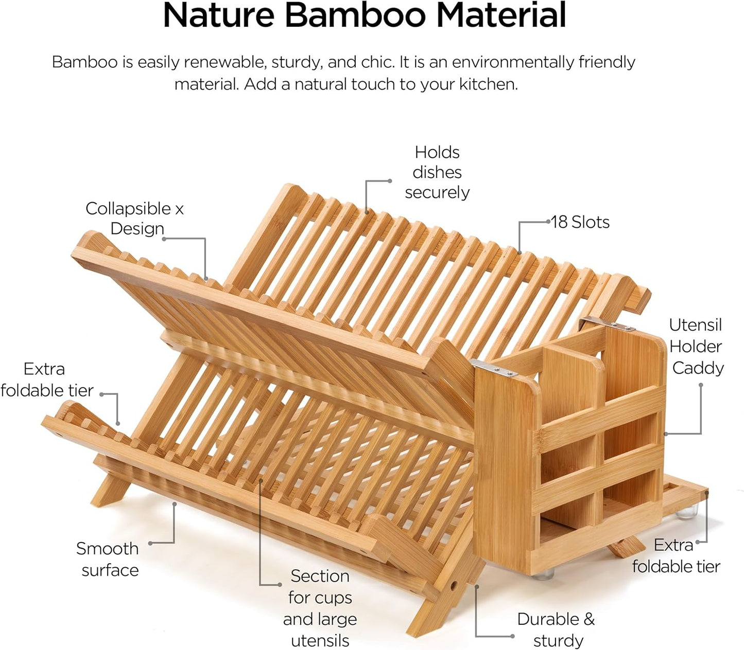 Bamboo Dish Drying Rack with Utensil Holder, 3 Tier Collapsible Dish Rack for Kitchen Counter