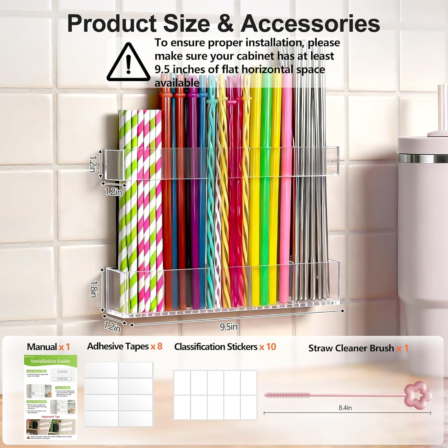 9.5” Large Acrylic Straw Holder for Cabinet Door