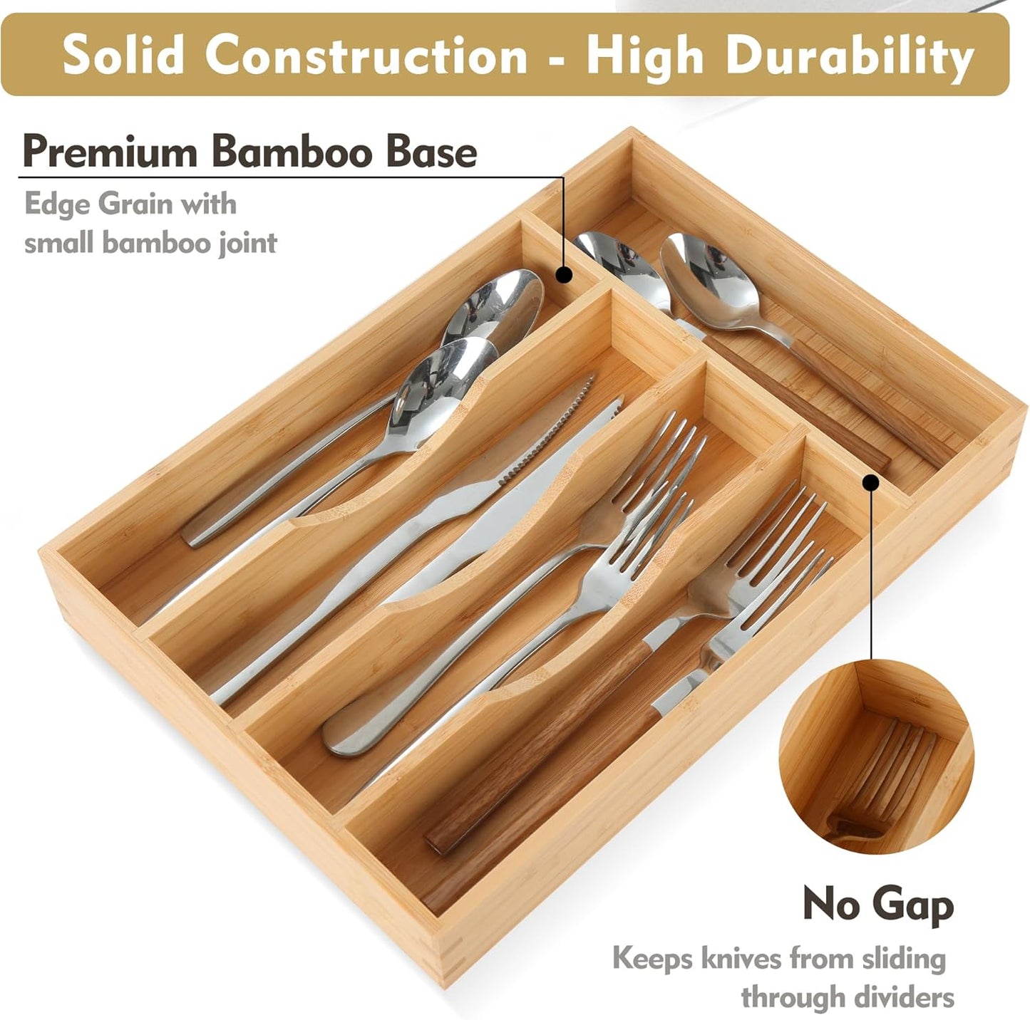 Bamboo Kitchen Drawer Organizer, 9 Inch Silverware Utensil Holder for Samll Drawer