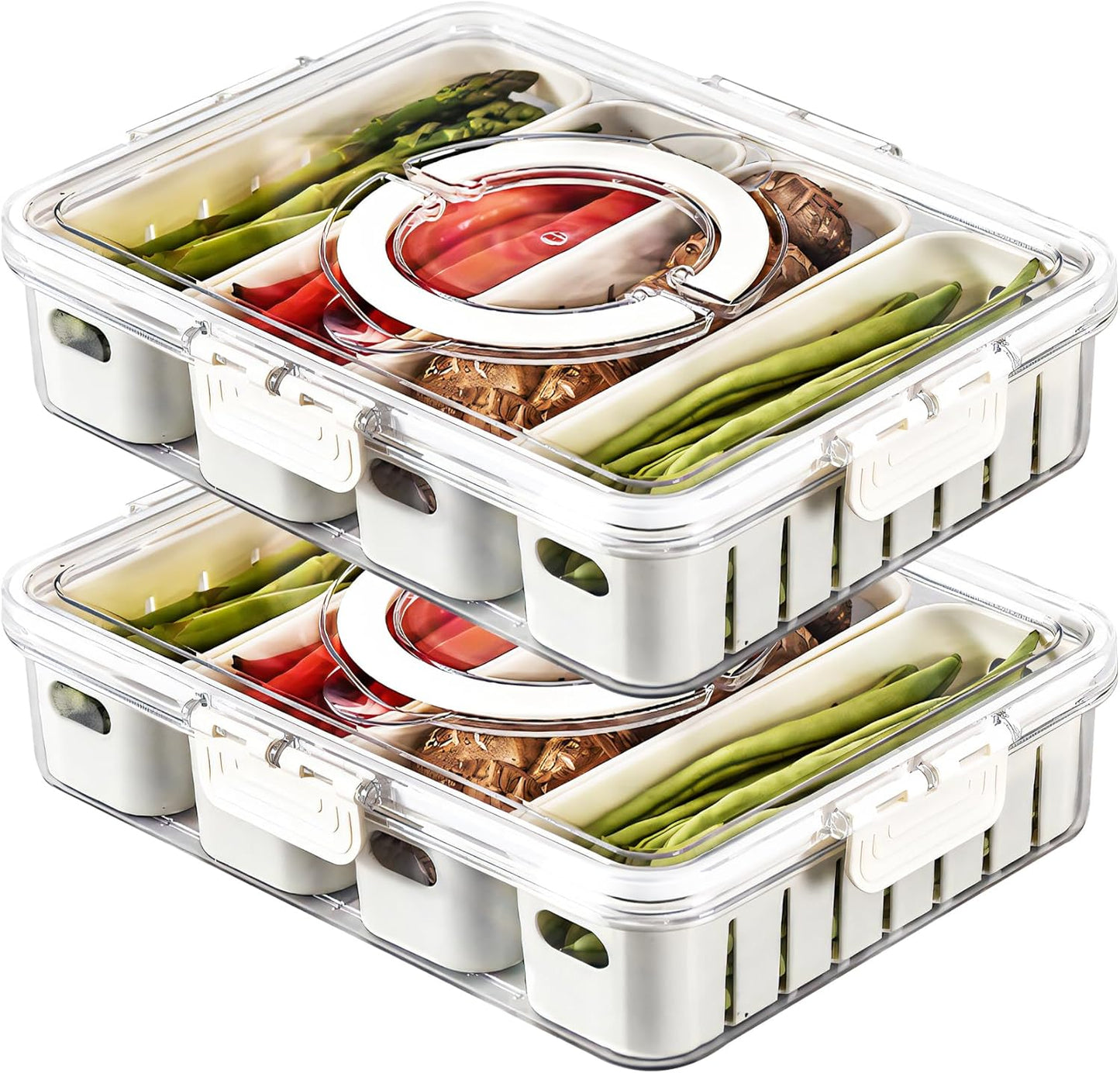 2Pack Divided Snackle Box with Lids Stackable Food Serving Tray for Fruit&Veggie Plastic Fridge Storage Container for Pantry Freezer Clear Snack Box for Meal Prep Candy Nuts Spice