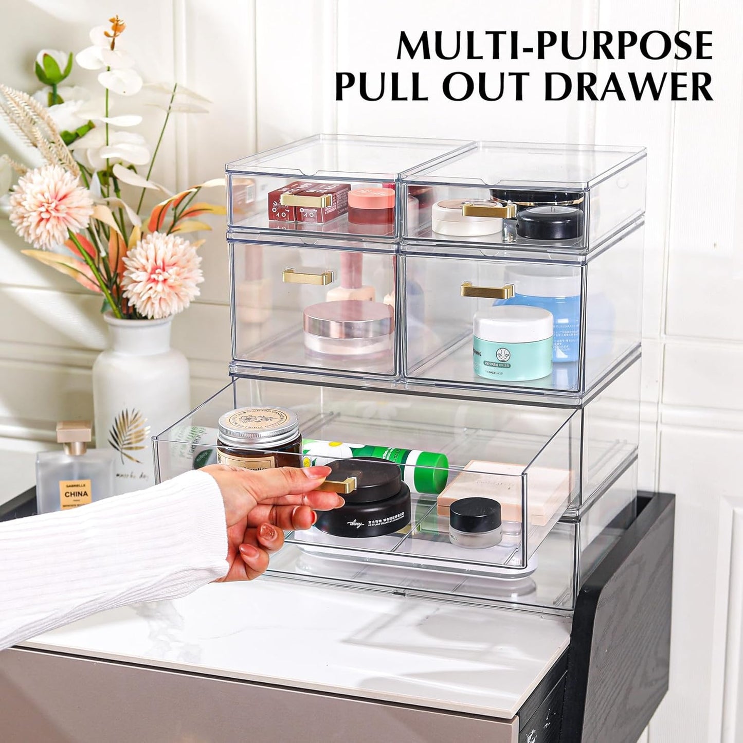 Stackable Storage Drawers, 6 Pack Clear Acrylic Organizer Bins with Golden Handles