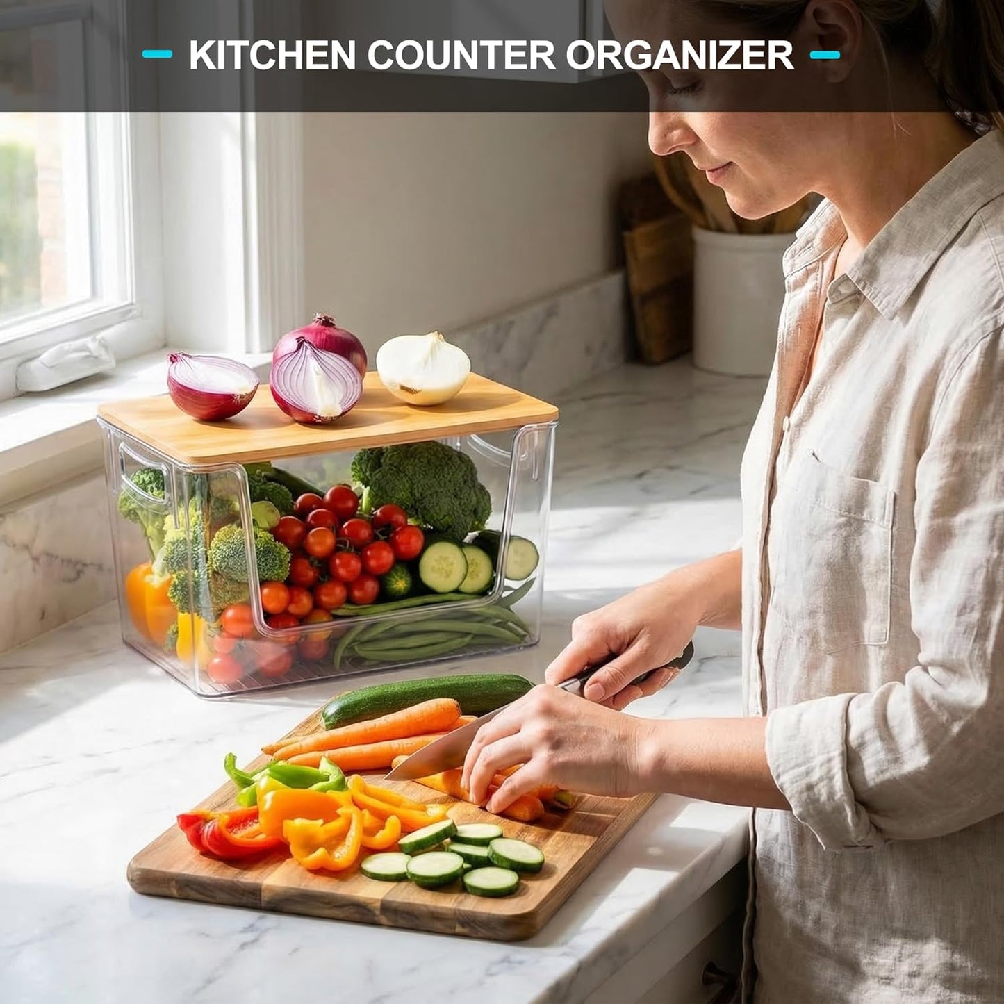 Pantry Organizers Storage, 2 Pack Large Capacity Clear Storage Bins with Bamboo Lids for Onion