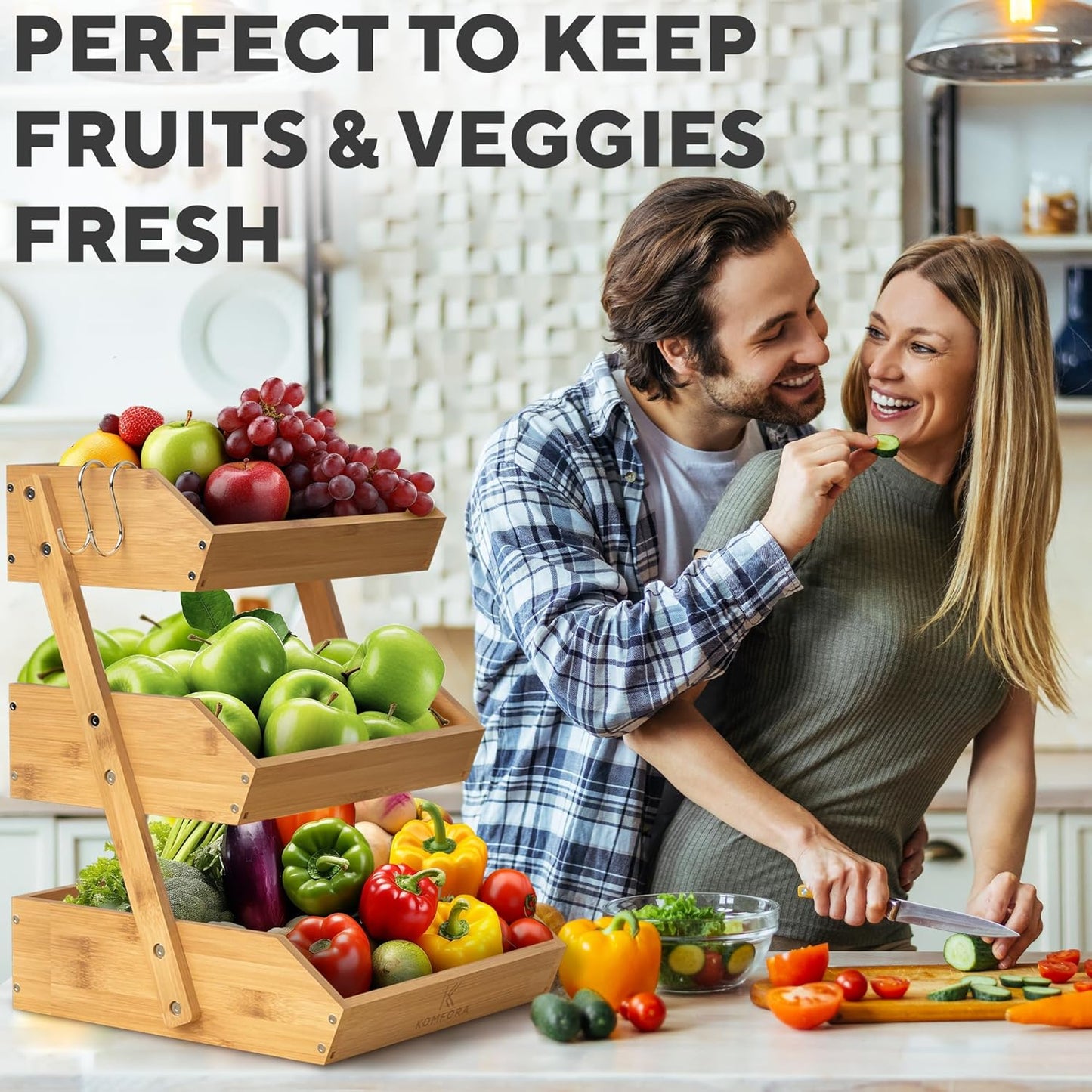 Bamboo Fruit Basket 3-Tier - Premium Produce Basket for Kitchen w/ 2 Hangers