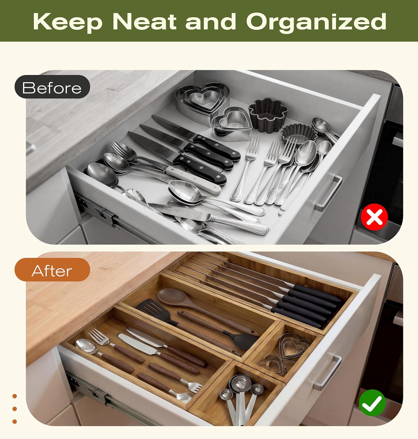 Bamboo Silverware Drawer Organizer with Knife Block