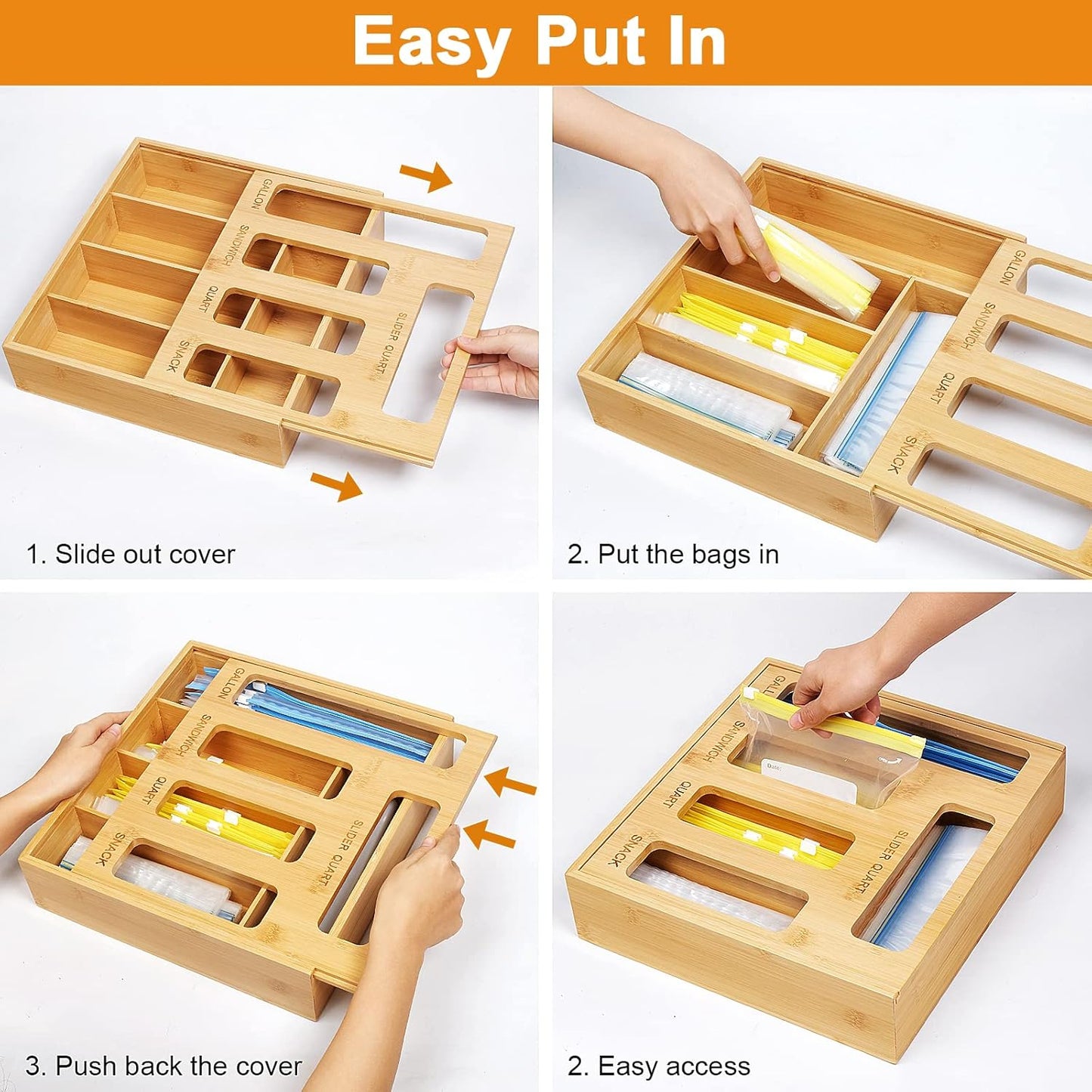 Plastic Bag Organizer for Drawer, Bamboo Food Storage Bags Container Organizer with Slider