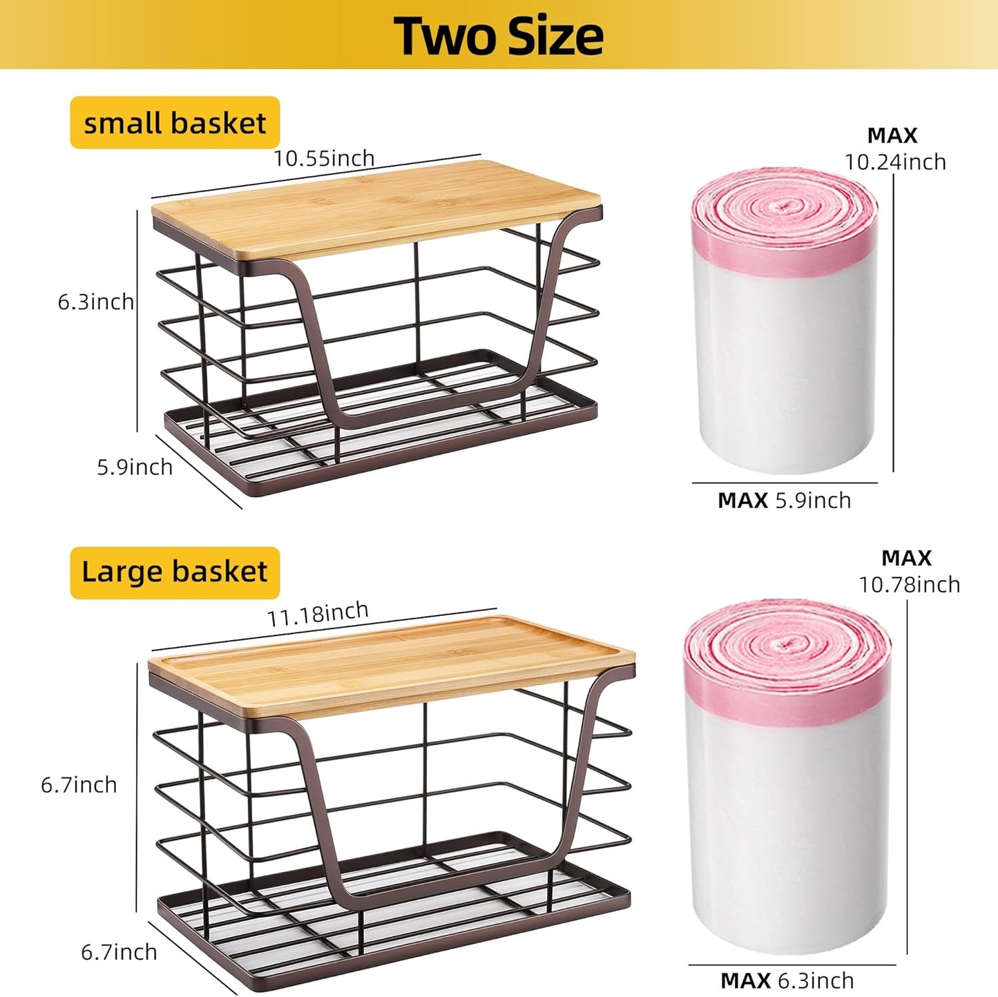 2 Pack Stackable Wire Storage Basket with Bamboo Lip