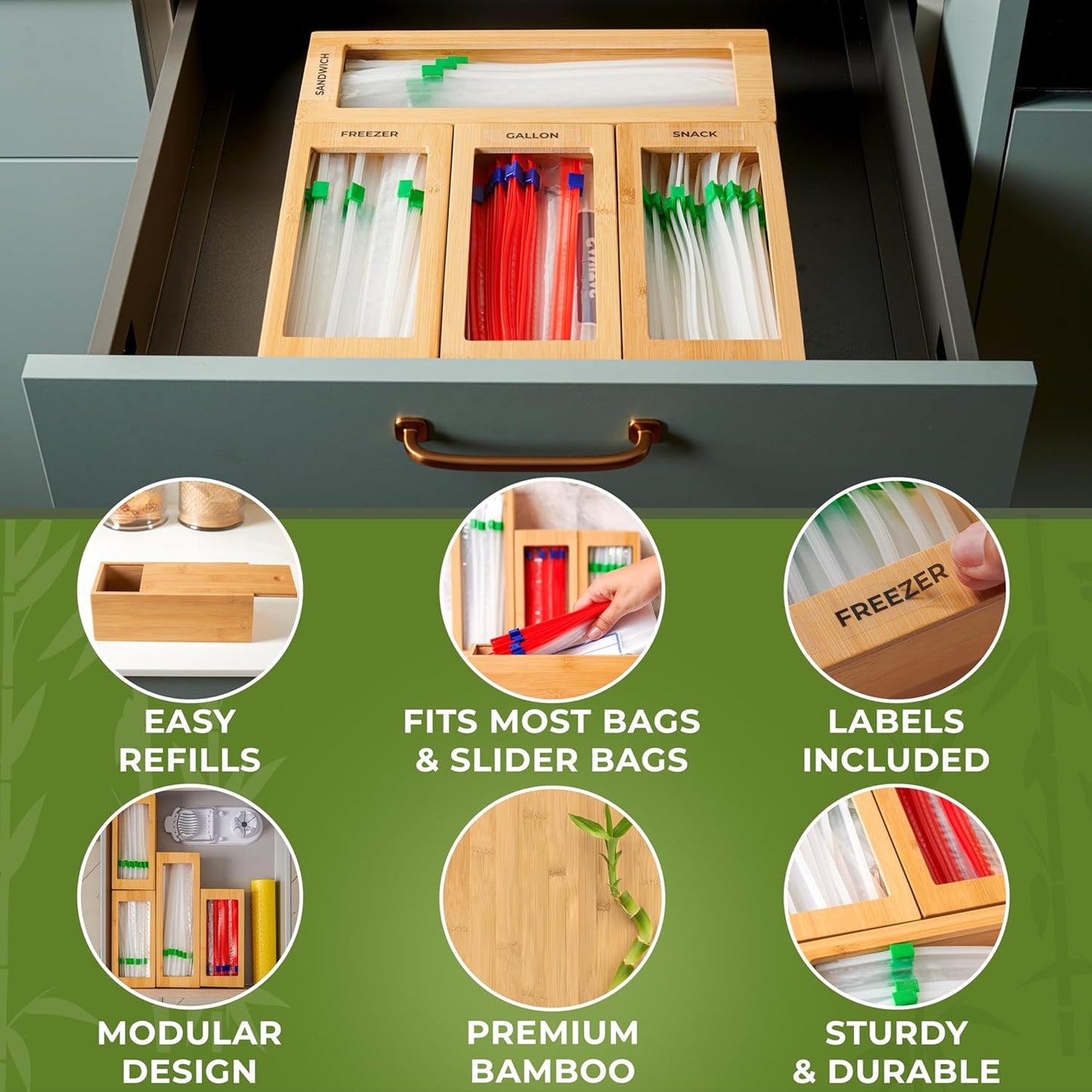 Storage Bag Organizer, Bamboo Baggie Organizer for Drawer