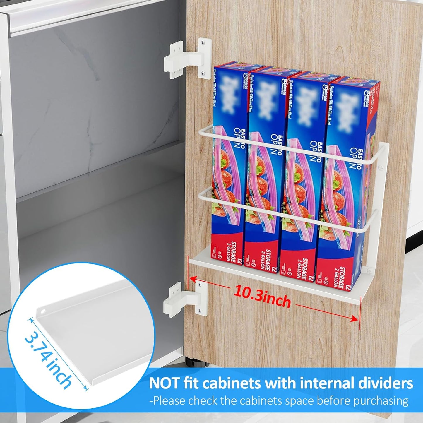 2 Pack Kitchen Wrap Organizer Door Mount, Aluminum Foil Holder Cabinet Door Organizer Cabinet Storage Basket for Kitchen Wrap/Food Bag Storage, White
