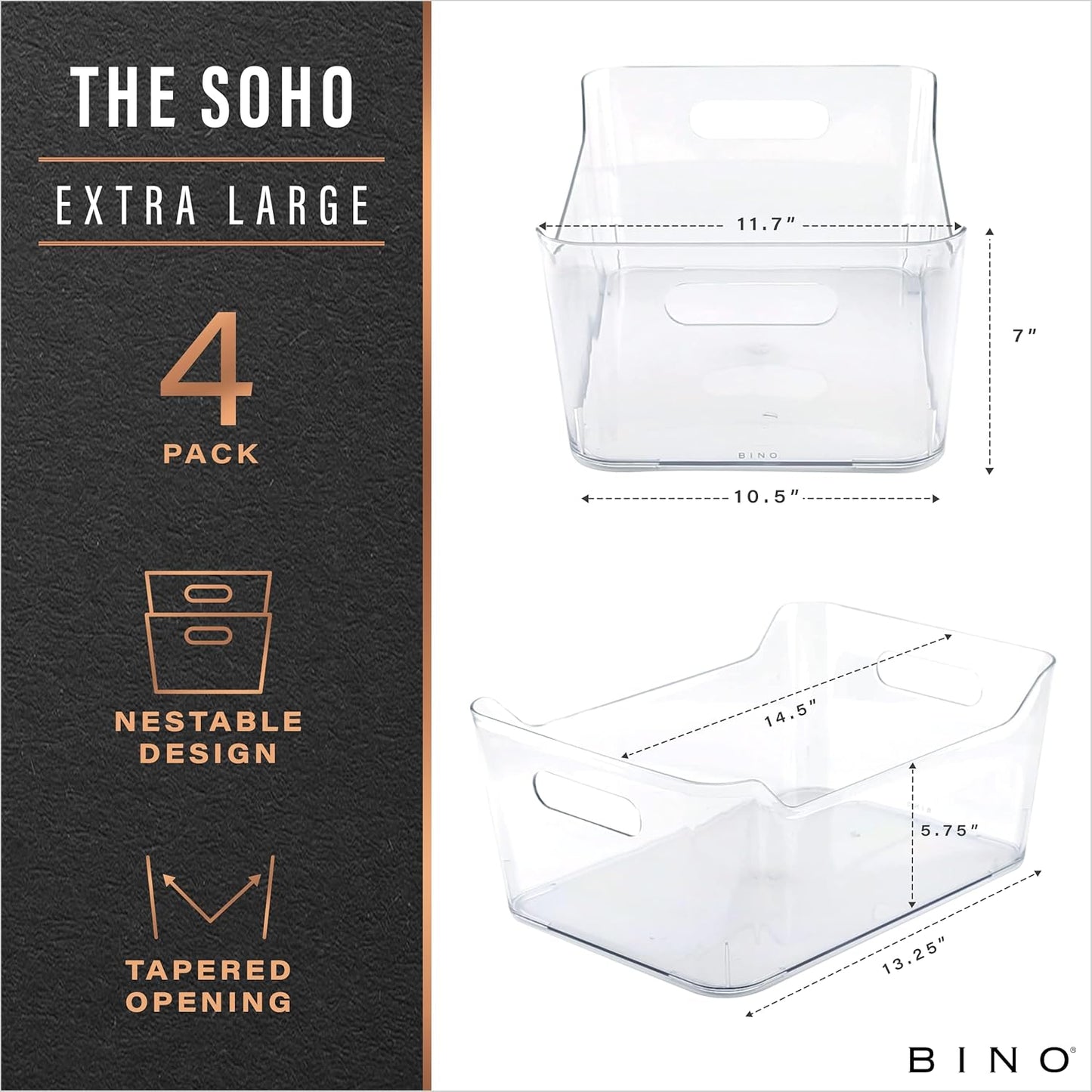 Plastic Organizer Bins, X-Large - 4 Pack | The SOHO Collection | Multi-Use Organizer Bins | Pantry & Freezer Bin | Plastic Storage Containers | Bin for Home & Kitchen Org