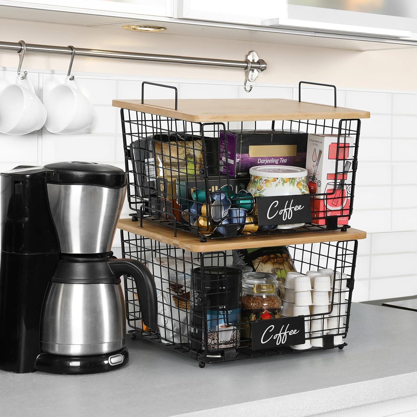 2 Set XXL Stackable Wire Basket with Bamboo Tops & Tag- Pantry Organizer and Storage Bins