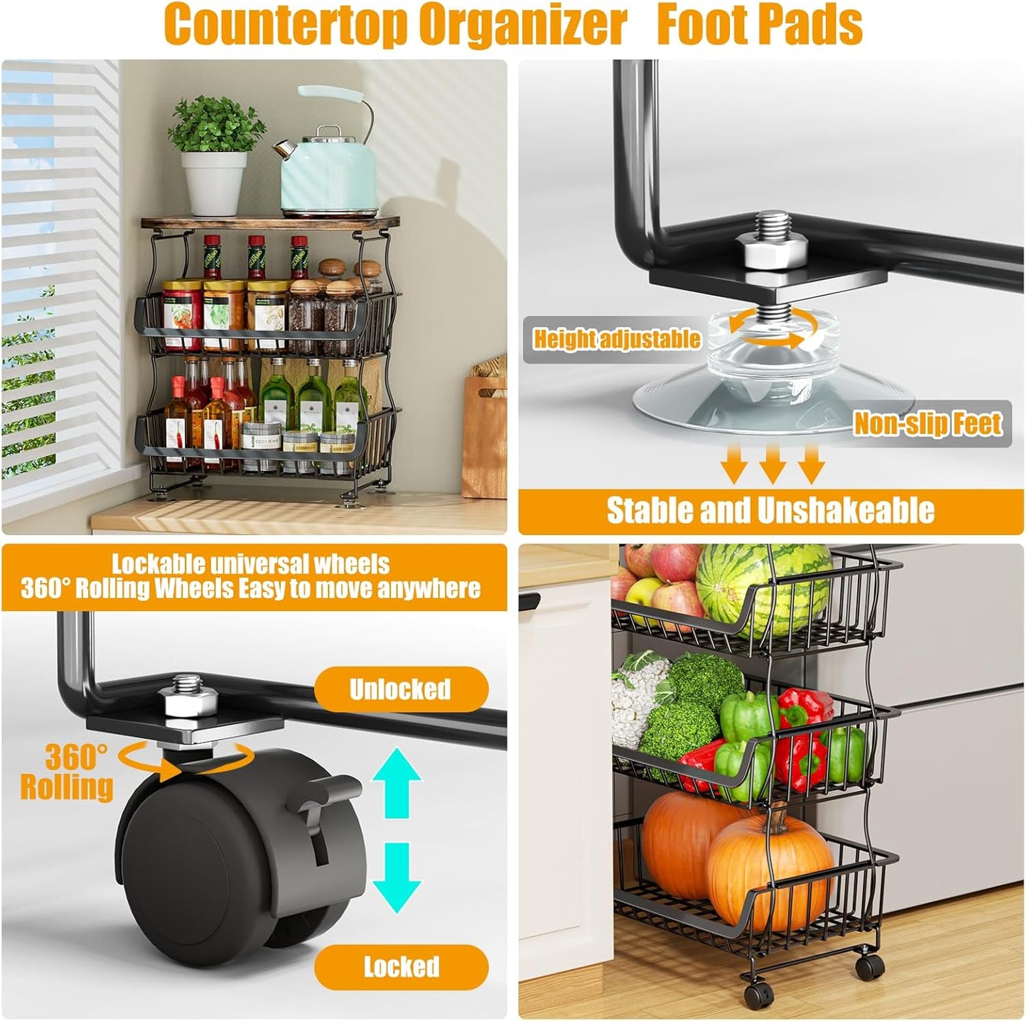 Fruit Vegetable Basket for Kitchen, 4 Tier Stackable Fruit Vegetable Storage Baskets with Wheels