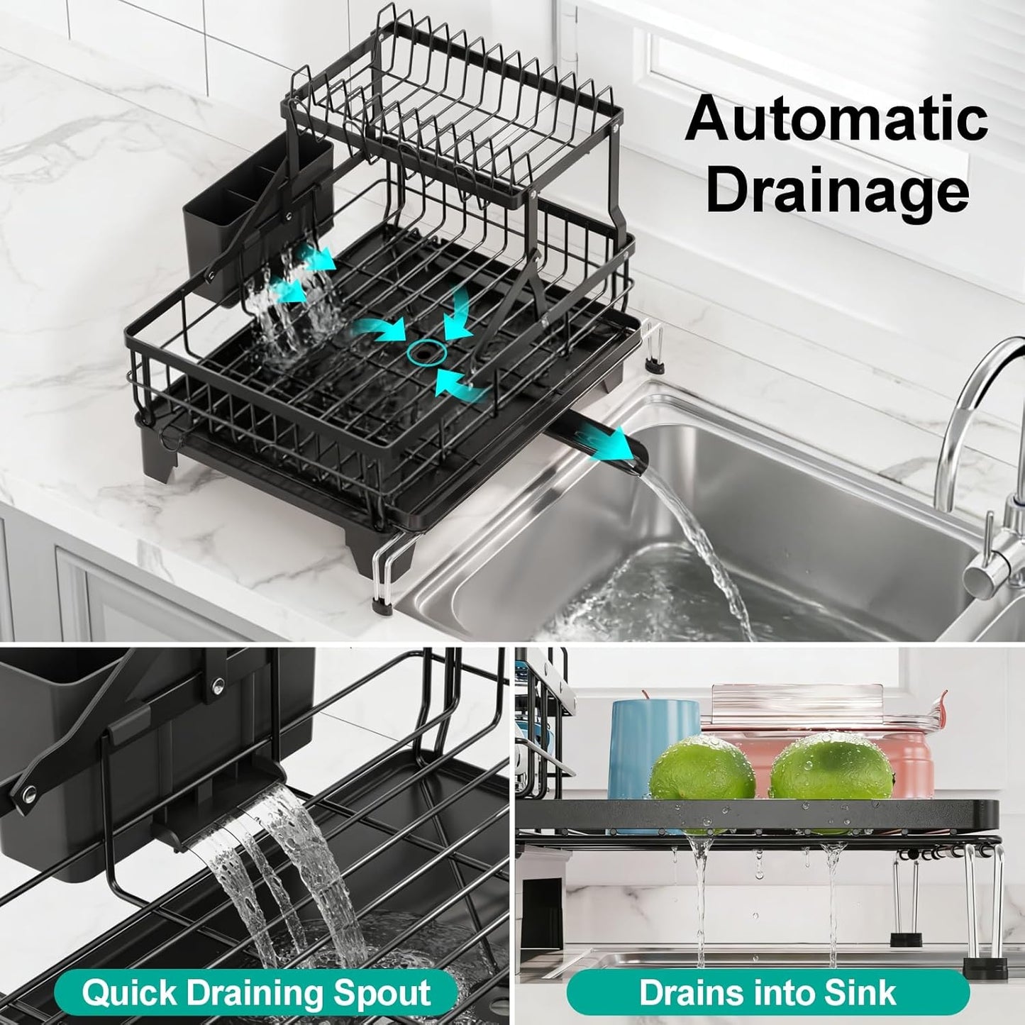 2 Tier Dish Drying Rack for Kitchen Counter, Expandable Large Dish Drainer with Drainboard Set