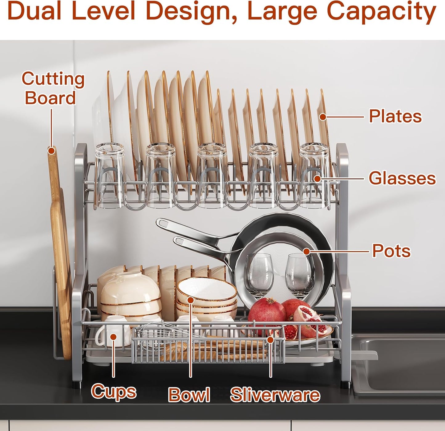 2 Tier Dish Drainer Drying Rack for Kitchen Counter Large Stainless Steel Dishes Drain with Drainboard Set, Space Saving, Big Modern Black Countertop Metal Plate Dryer Strainer Holder and Extra Tray