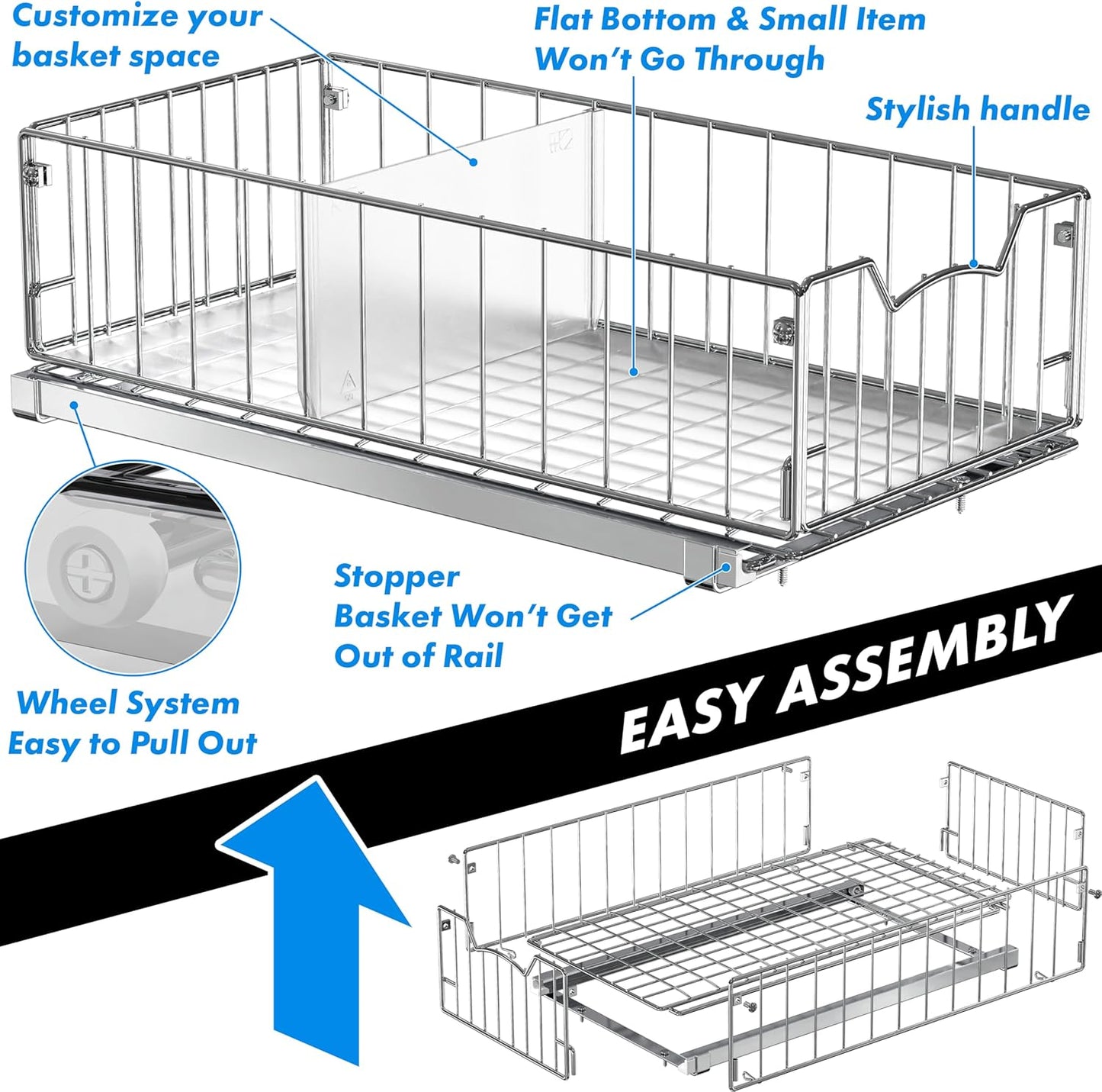 Pull-Out Cabinet Sliding Basket Organizer, 17.2" D x 9.7" W x 5" H – Chrome Finished