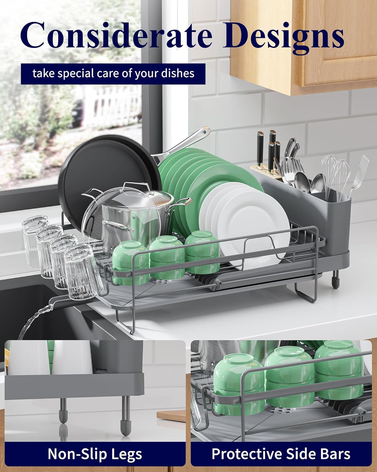 Extendable Dish Drying Rack, Large Drying Dish Rack with Cutlery & Cup Holders