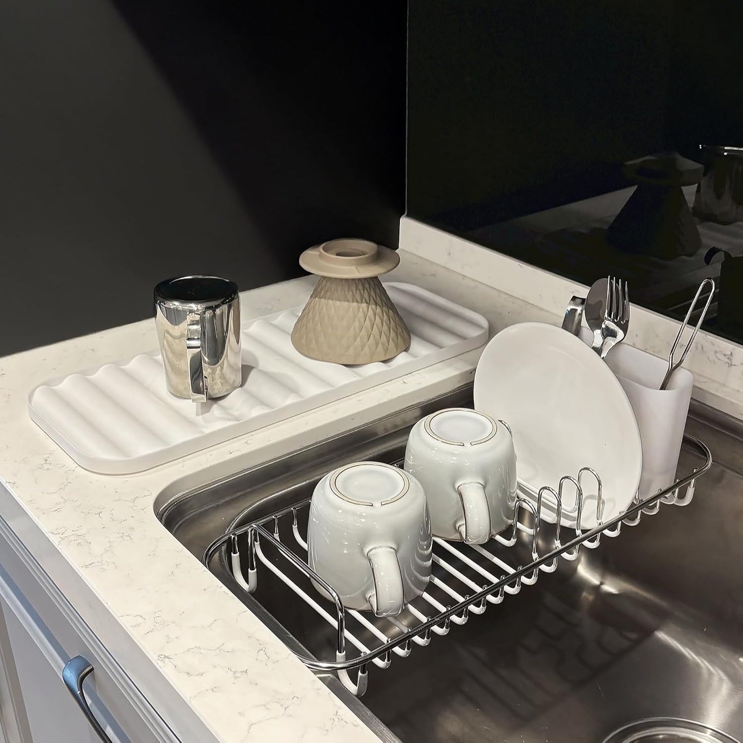 304 Stainless Steel NeverRust Compact Dish Drying Rack with Utensil Holder & Removable Drain Tray