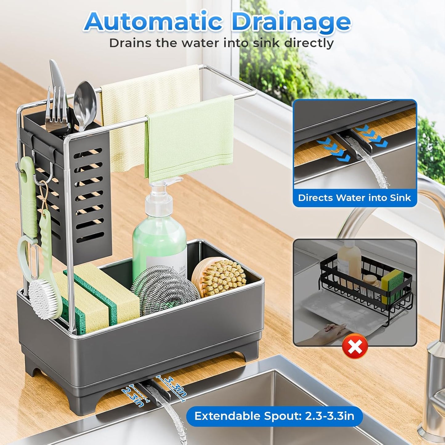 Kitchen Sink Caddy with Stainless Steel Towel Holder