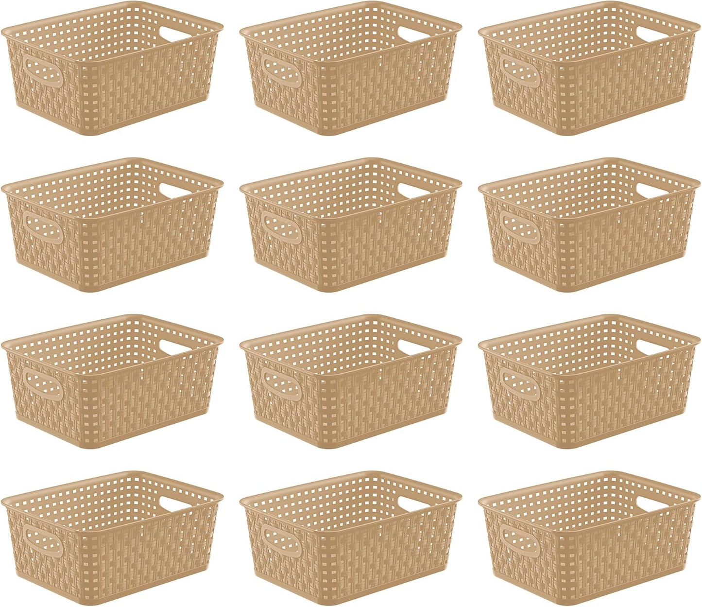 Khaki Stackable Storage Baskets, Plastic Weave Basket Organizer and Storage Set of 12