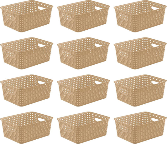 Khaki Stackable Storage Baskets, Plastic Weave Basket Organizer and Storage Set of 12