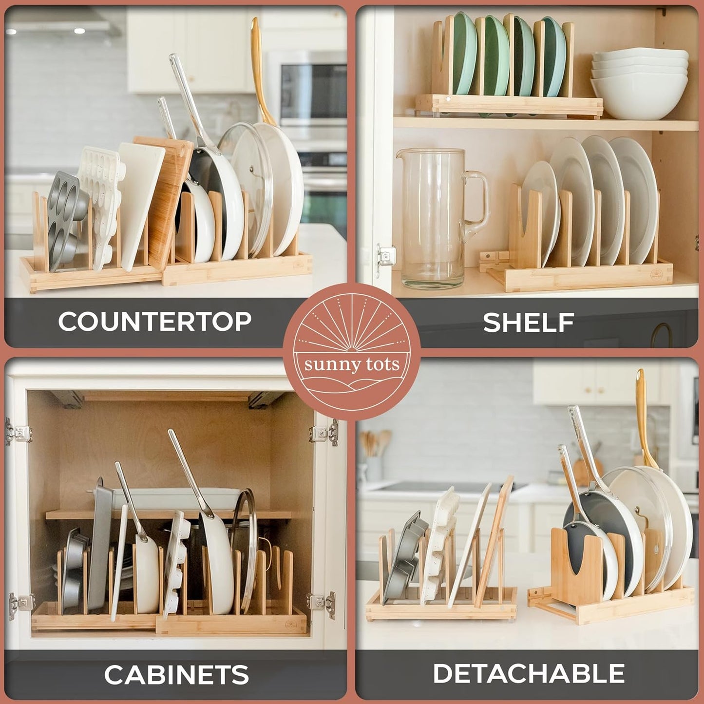 Pot and Pan Organizer for Under Cabinet – Bamboo Pot Lid Organizer for Cabinet with Magnetic Lock