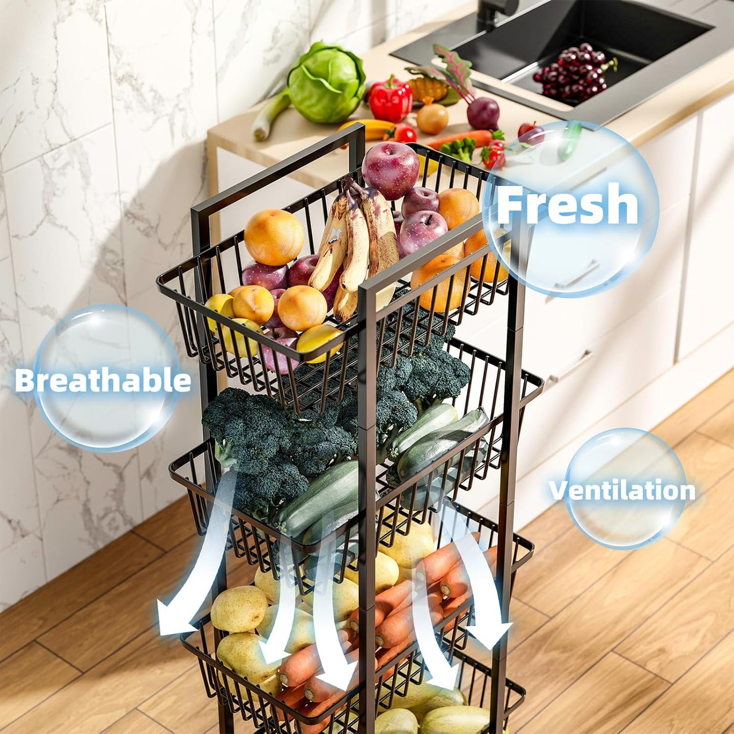 4 Tier Rolling Fruit Vegetable Basket Cart