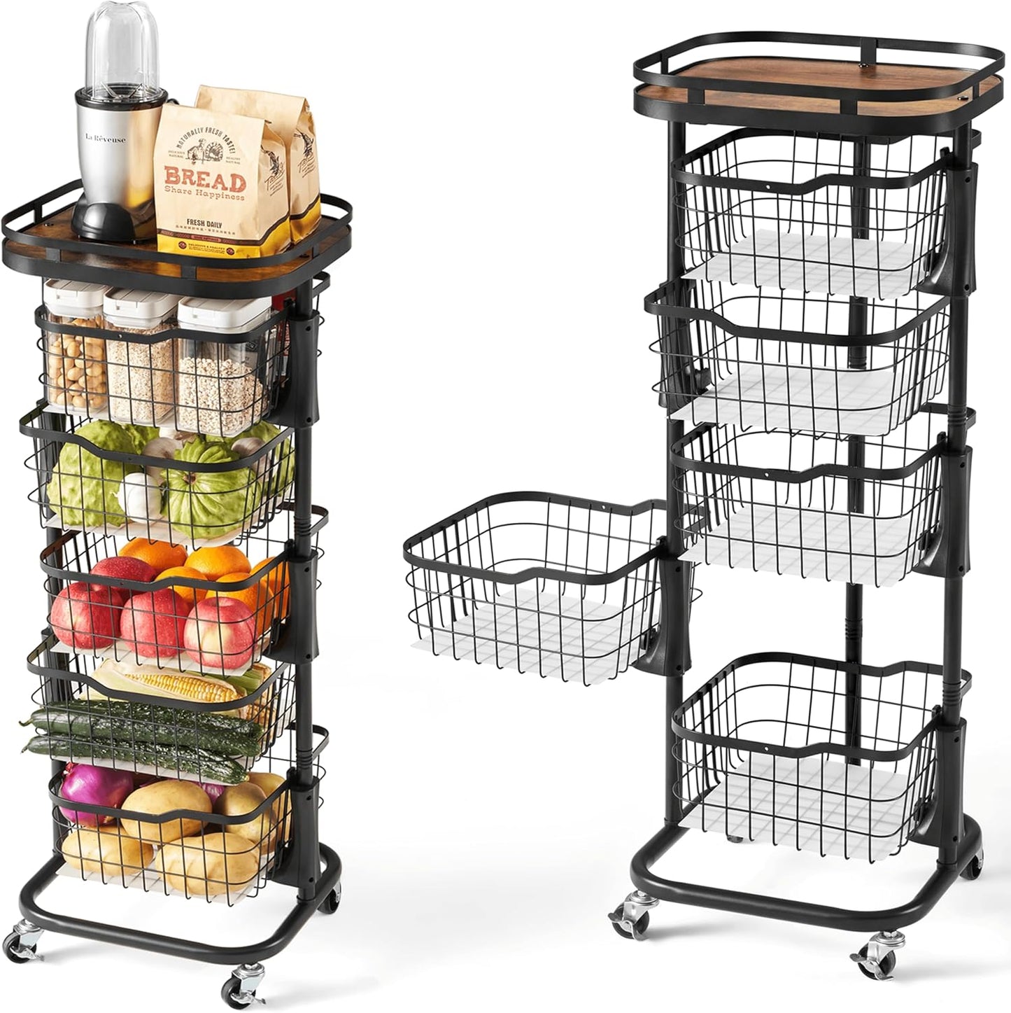 5 Tier Kitchen Fruit Vegetable Storage Cart with One-Piece Rotating Basket