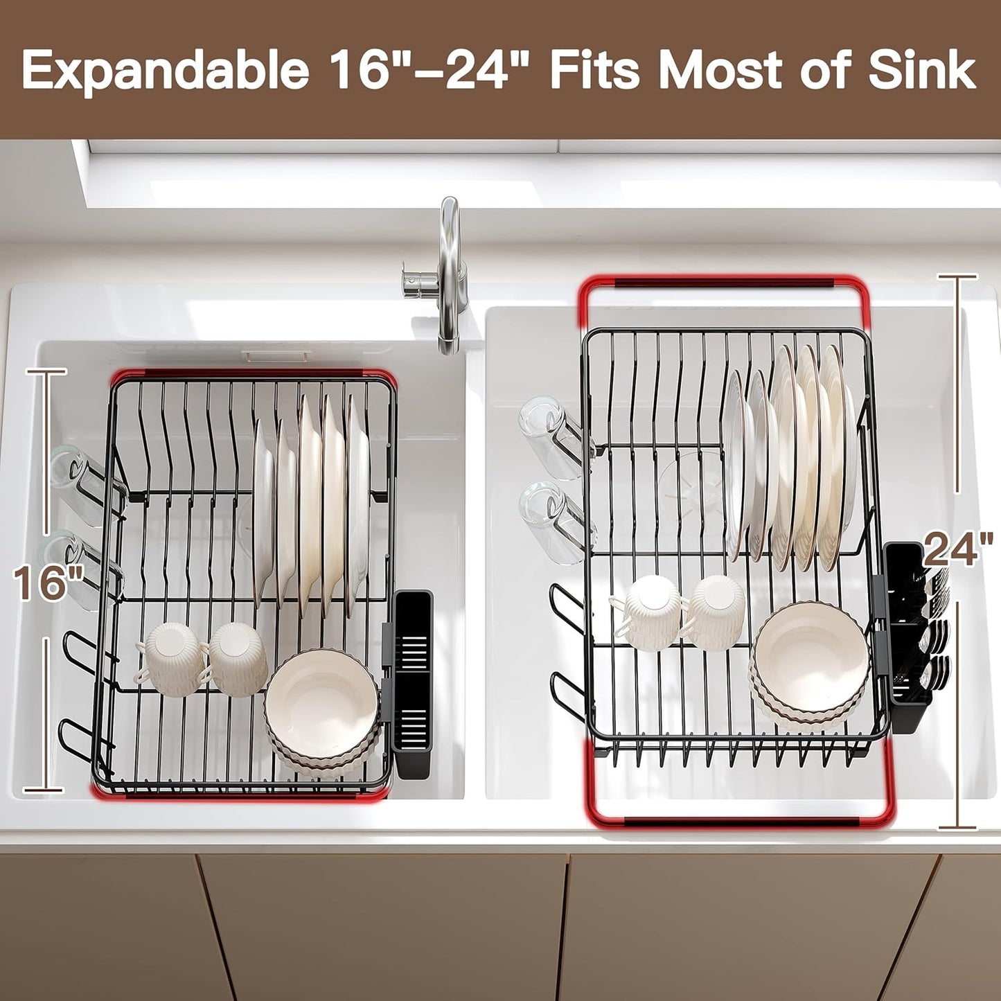 Over the Sink Expandable Dish Drainer Drying Rack In Stainless Steel for Small Kitchen
