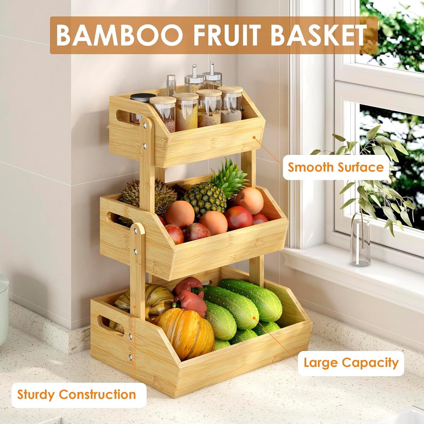 3 Tier Bamboo Fruit Basket, Fruit Basket for Kitchen Counter Fruit Bowl Fruit and Vegetable Storage, Fruit Bowl for Onion Potato Bread Snack Organizer and Kitchen Decor