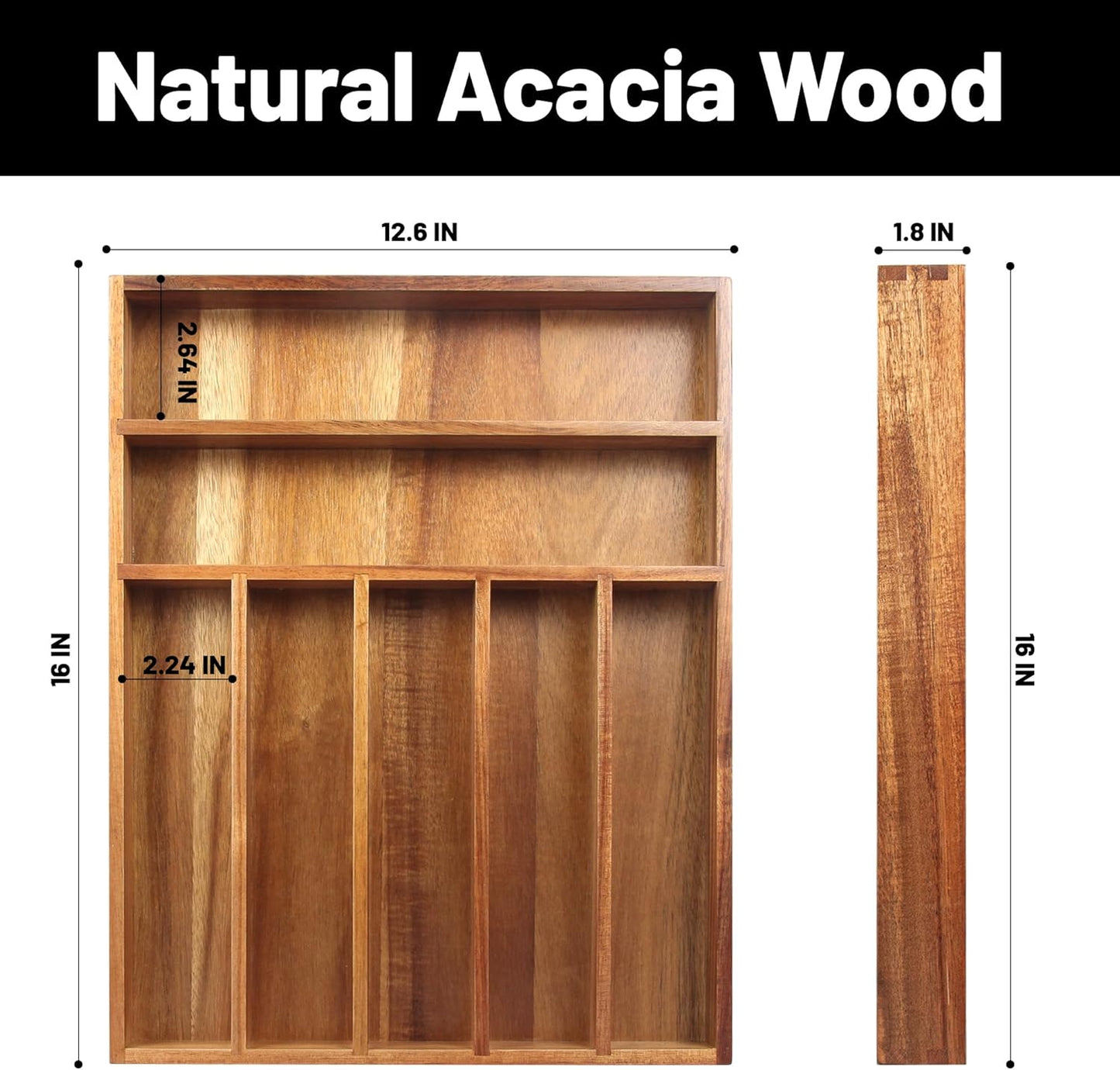 Acacia Wood Silverware Organizer, Kitchen Utensil Drawer Organizer for Forks & Spoons
