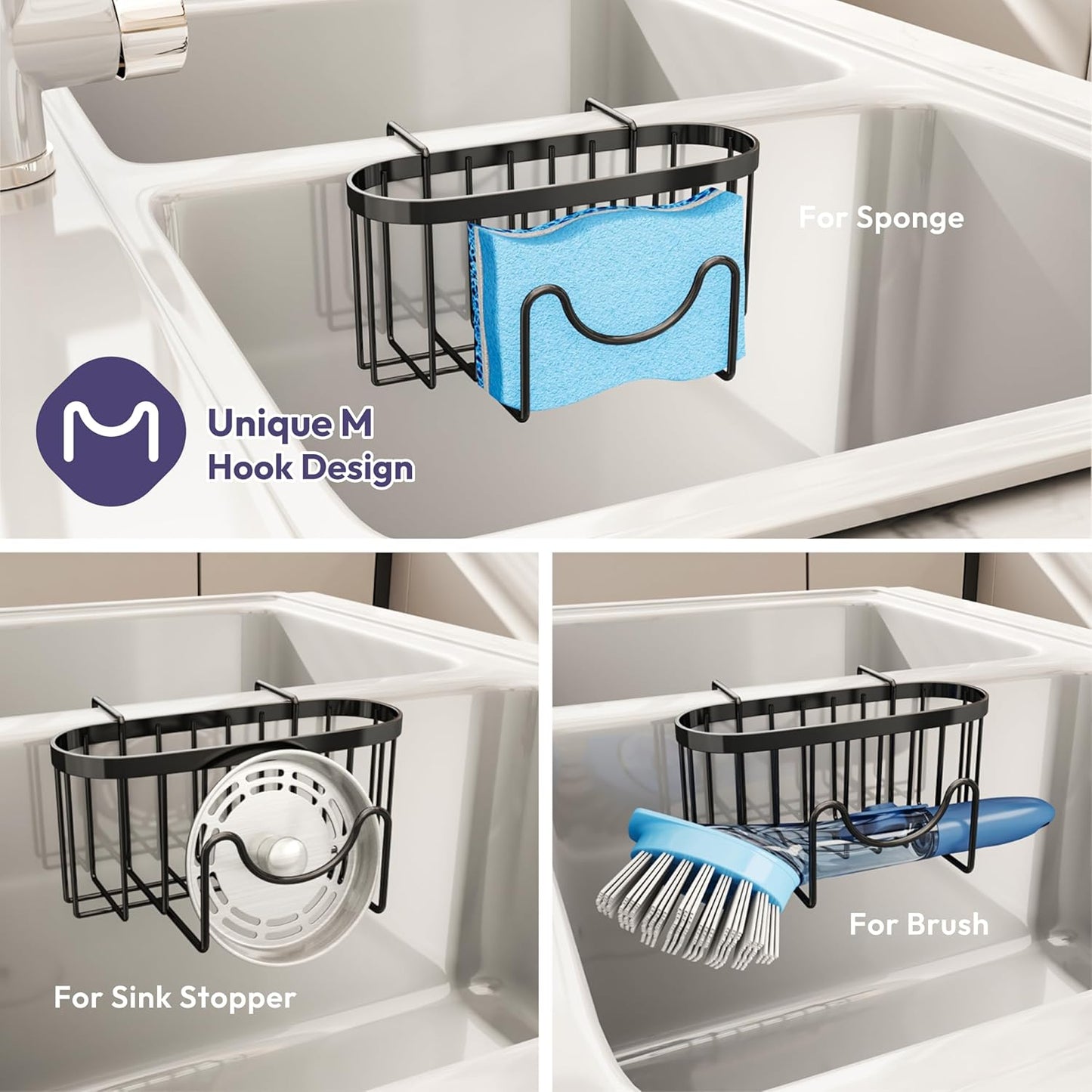 Sponge Holder for Kitchen Sink - Movable Kitchen Sink Caddy with M Shape Hook