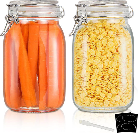 48oz Food Storage Canister Glass Jars with Clamp Airtight Lids and Silicone Gaskets for Multi-Purpose Kitchen Containers - Clear Square (2 Pack)