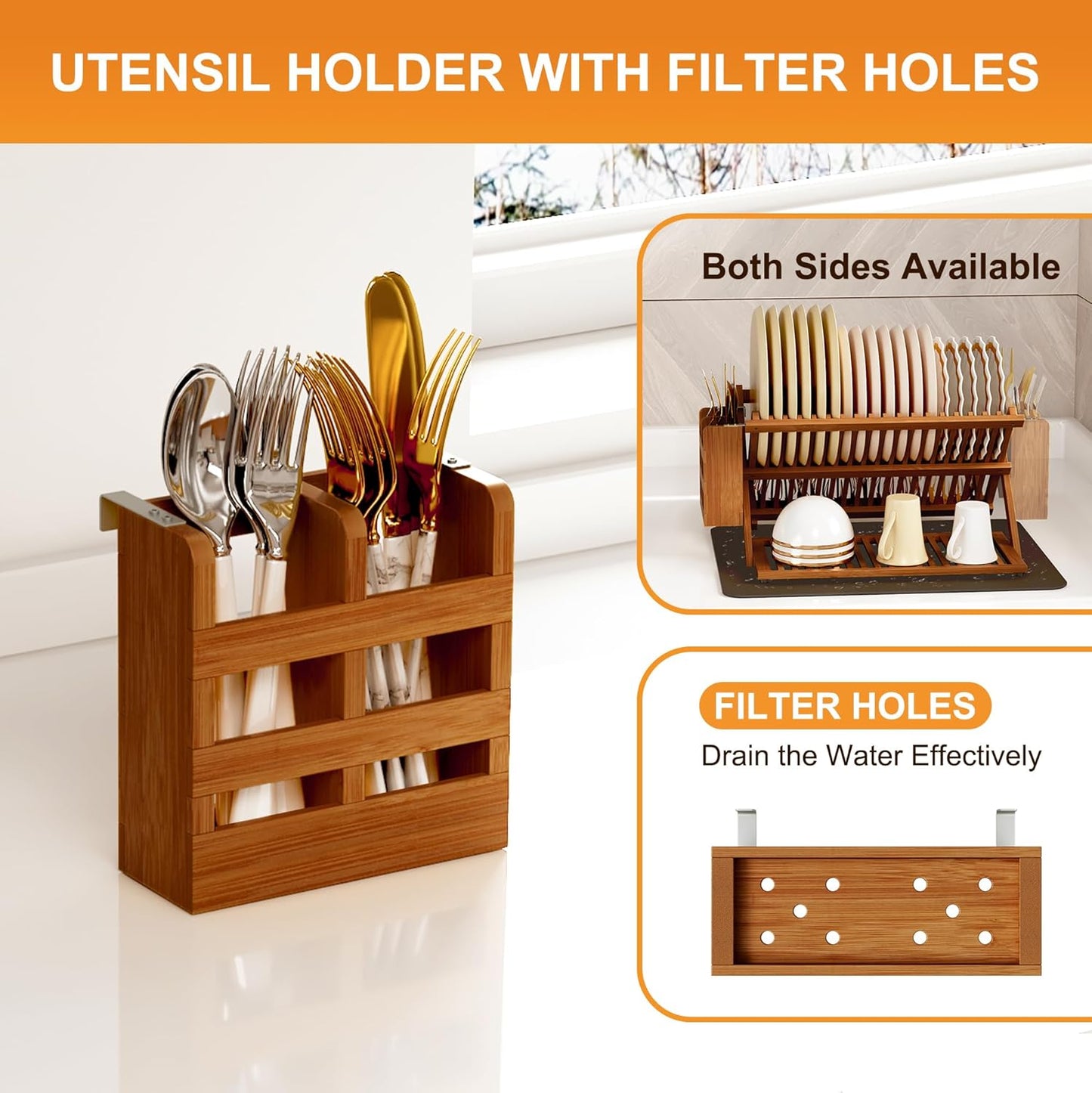 Teak Dish Drying Rack with Utensil Holder, 3 Tier Collapsible Dish Rack