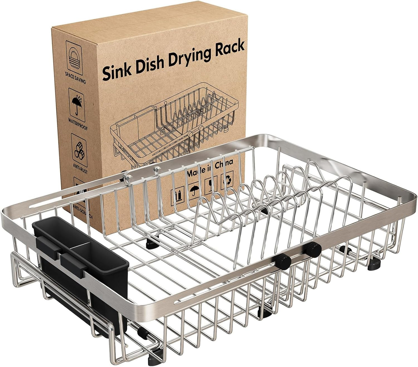 Dish Drying Rack Over The Sink, Expandable Stainless Steel Dish Drainer for Small Kitchen Counter Space Saving, RV Compact Plate Strainer In Silver Metal with Hanging Adjustable Utensil Holder