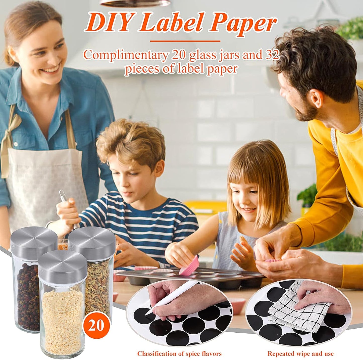 Revolving Spice Rack with 20 Jars, Rotating Spice Rack Organizer, Seasoning Organizer with Labels
