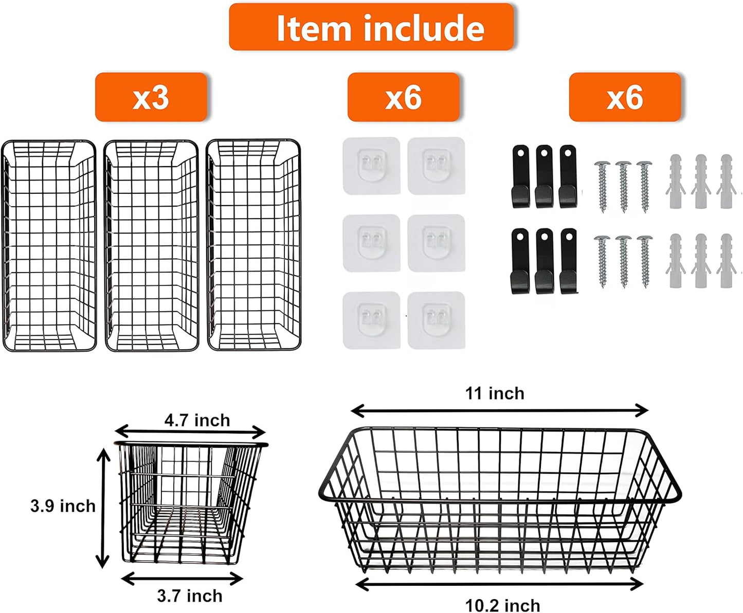 3 Set Hanging Wire Baskets ,Wall Mount Fruit Basket,No Drilling,Adhesive Small Metal Basket,Farmhouse Food Storage Mesh Bin Kitchen Pantry Laundry Bathroom Closet Garage RV ,Black