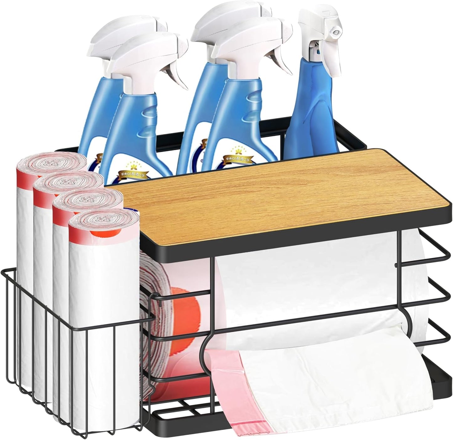 Trash Bag Dispenser Holder Under Sink, 3-in-1 Sturdy Metal Garbage Bag Organizer & Storage with Bamboo Lid, Fits Costco Large Capacity Rolls for Kitchen, Pantry, Laundry Room
