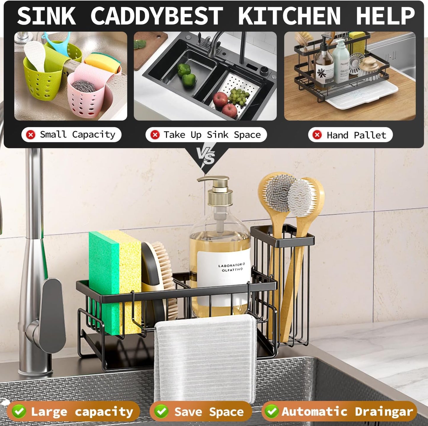 Sponge Holder & Sink Caddy Organizer - Rustproof Kitchen Sink Organizer with High Brush Holder