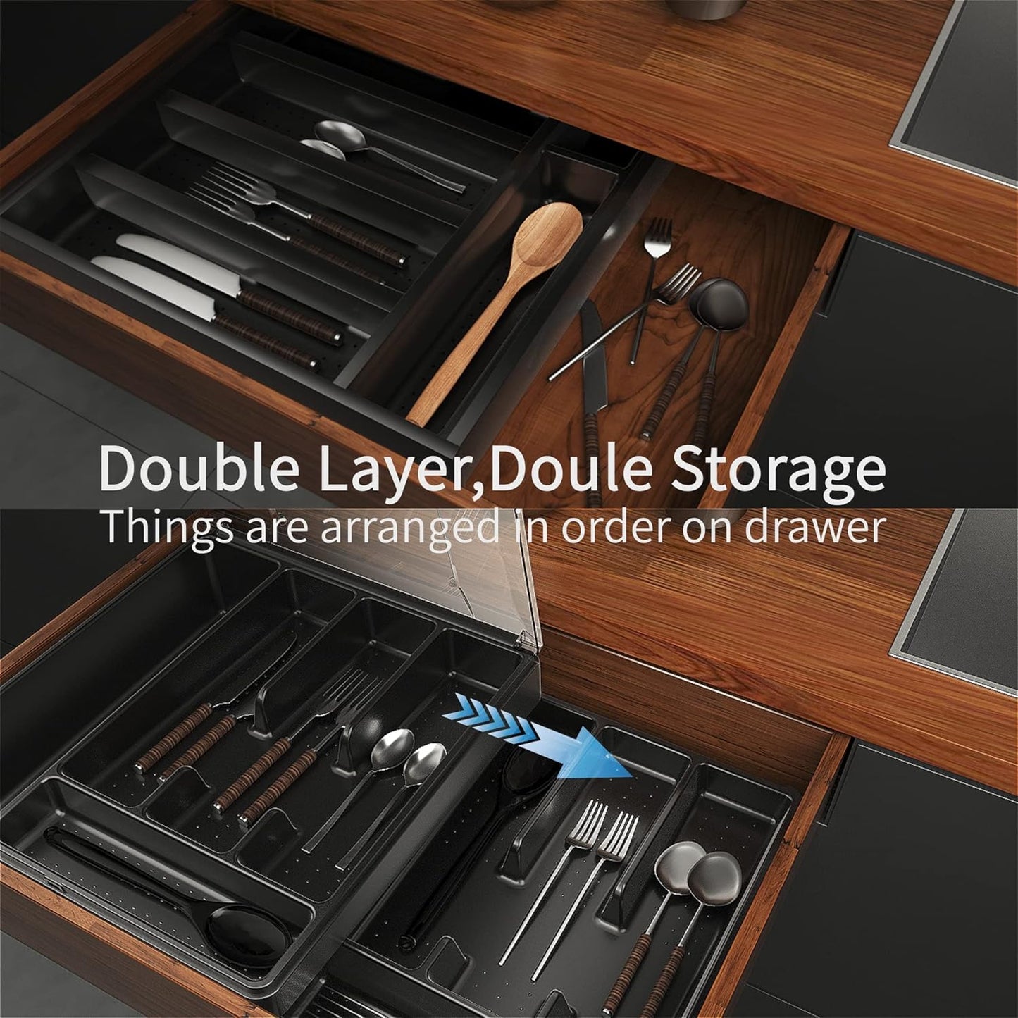 Double Layer Silverware Tray with Lid, Drawer Organizer for Utensil Tray