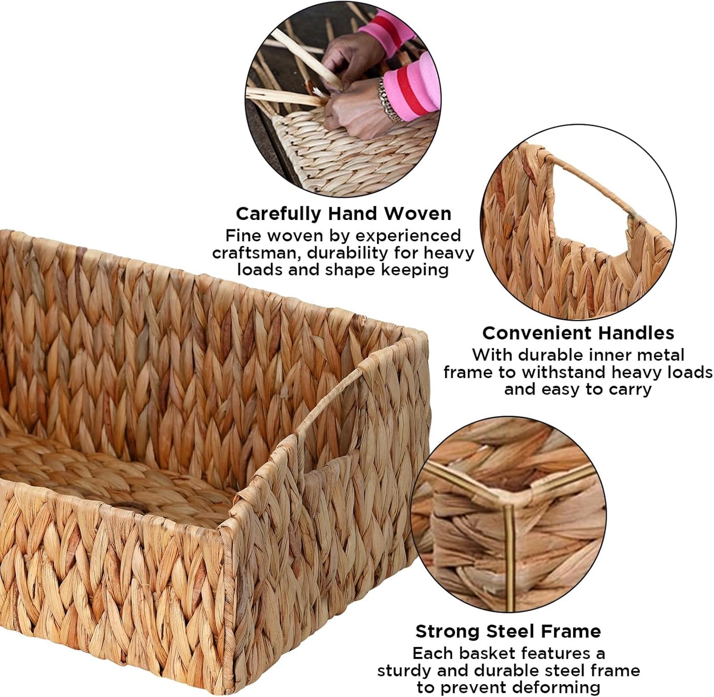 Rattan Storage Baskets, Handwoven Wicker Storage Bins with Built-in Handles