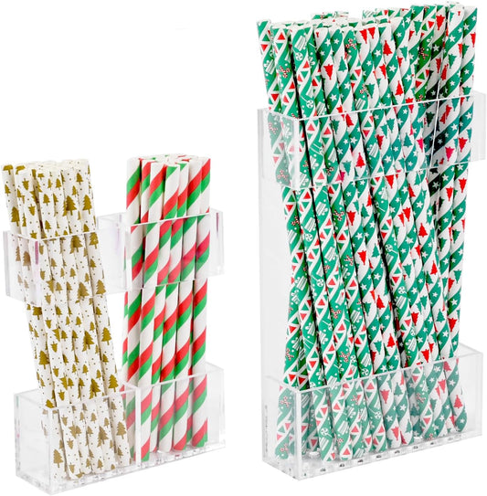 2 PACK Small Acrylic Straw Holder for Cabinet Doors，Straw Organizer Storage with Most Sizes，Multi-Function Kitchen Accessories Container with Adhesive Round Pads(Transparent)