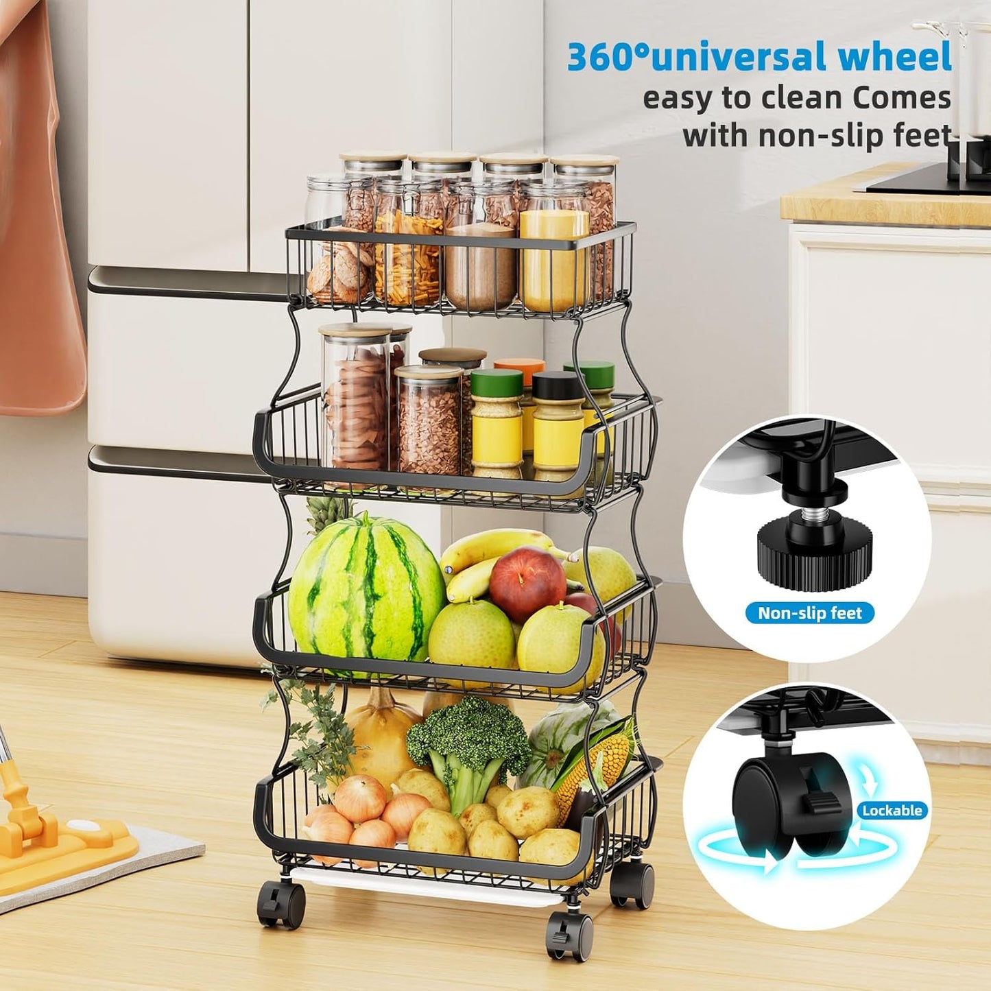 4 Tier Rolling Cart, Stackable Fruit Vegetable Basket with Wheels and 2 Hanging Basket