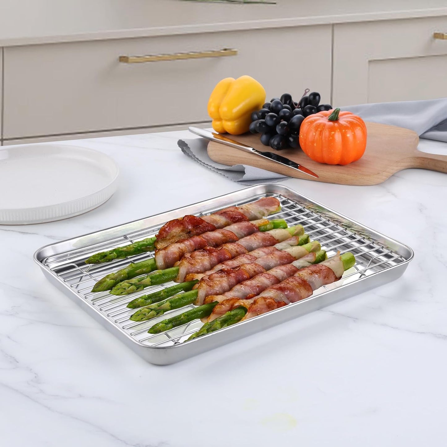 Quarter Sheet with Rack (1 Pan + 1 Rack), 9x13 Stainless Steel Baking Pan with Wire Cooling Rack for Toaster Oven Roasting, Metal Bacon Cookie Trays Nonstick & Rust Free, Dishwasher Safe