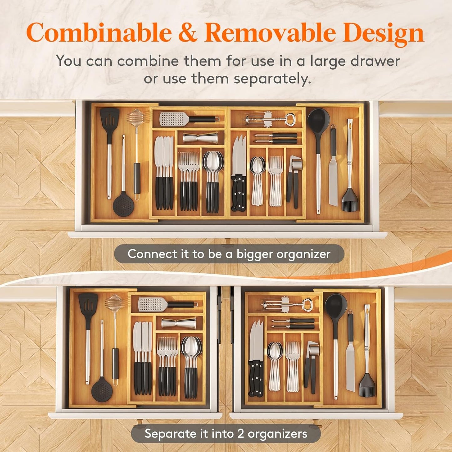 Large Silverware Drawer Organizer, Expandable 21.4 to 36 Inches Wide