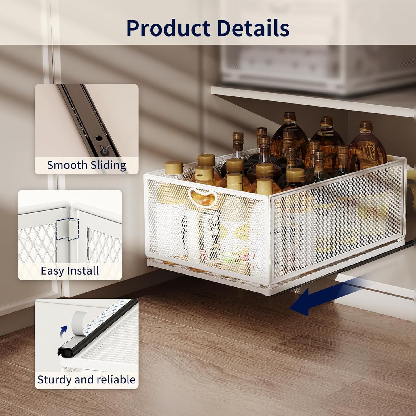 Pull Out Cabinet Organizer, No Drill Adhesive Sliding Drawers for Kitchen