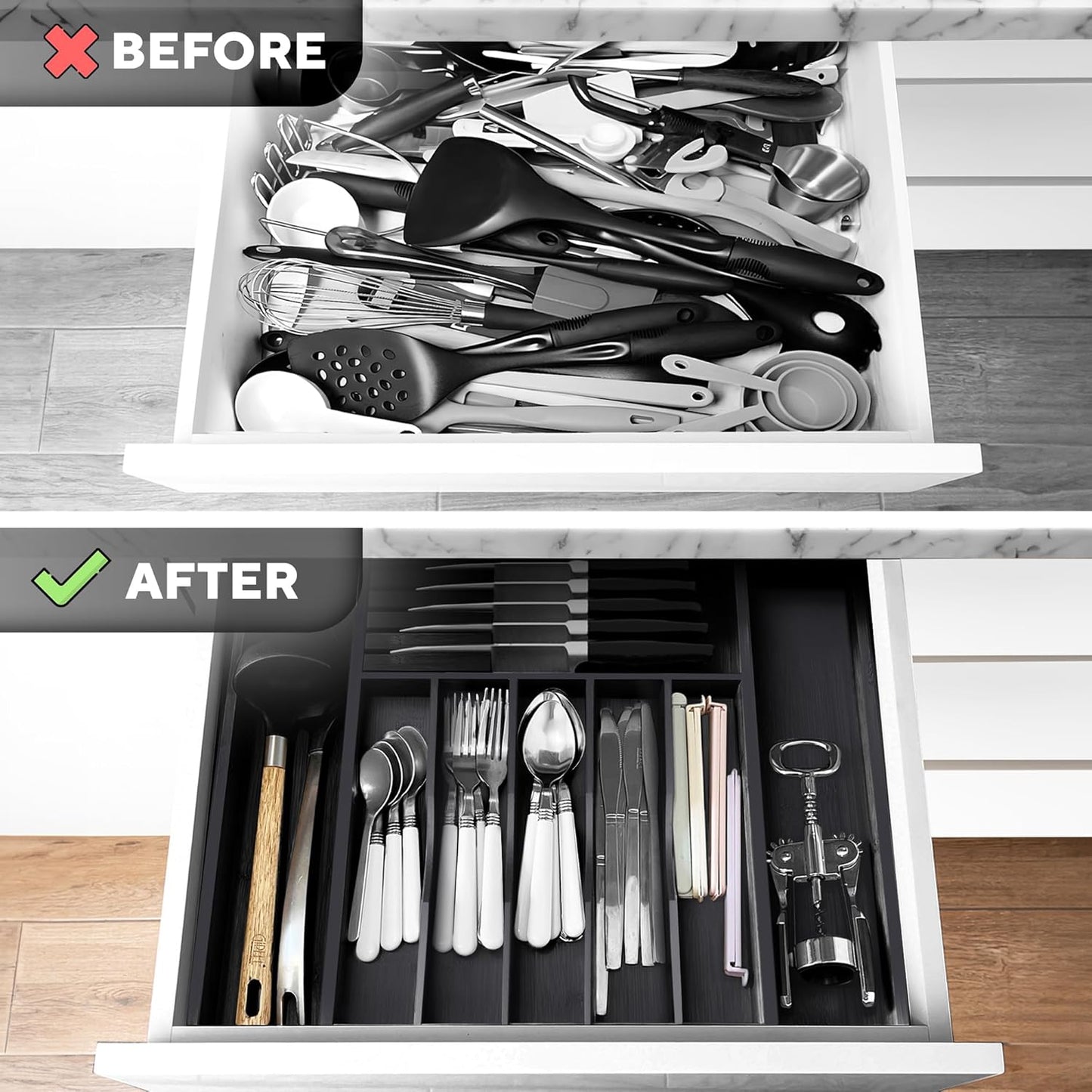 Premium Expandable Kitchen Drawer Organizer - 100% Bamboo Organizer Tray - Great for Silverware