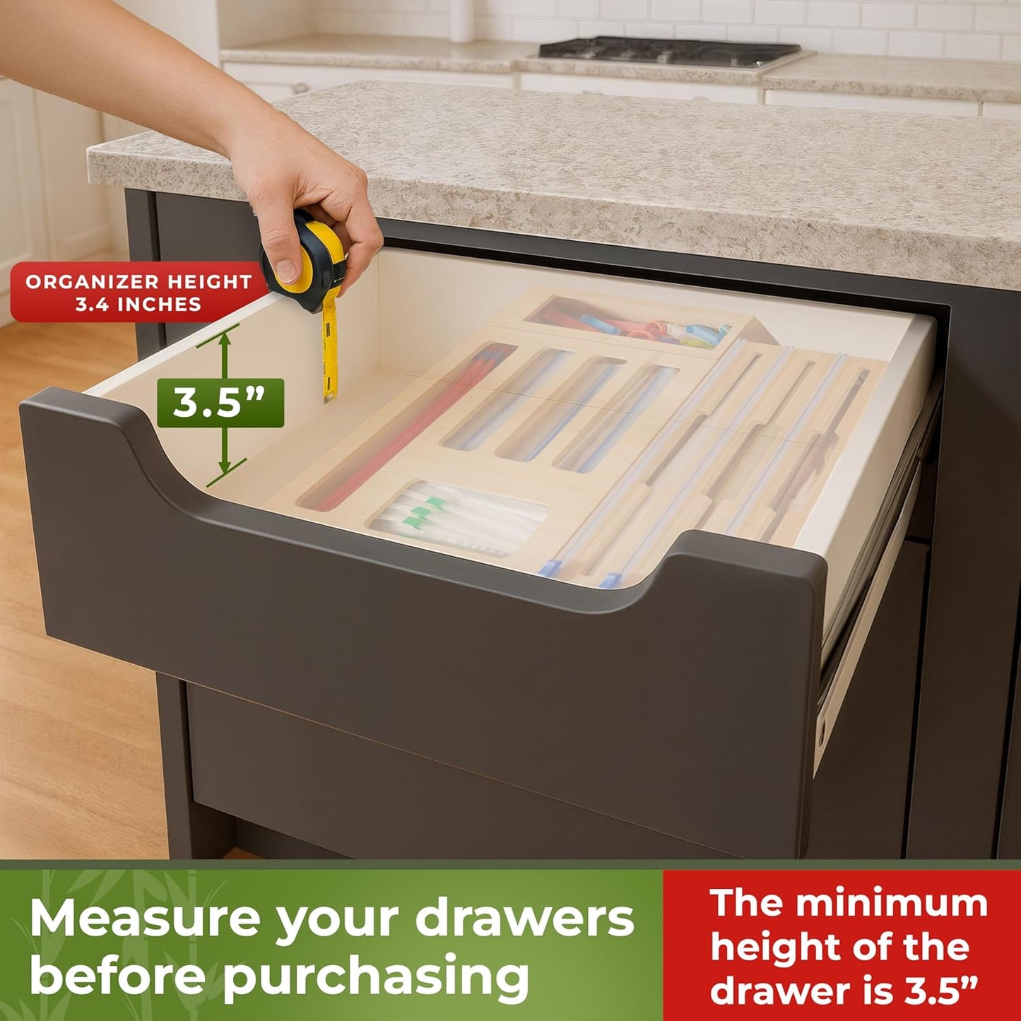 Kitchen Drawer Organizer, 9 in 1 Sandwich Storage Bag Organizer & Foil Wrap Dispenser