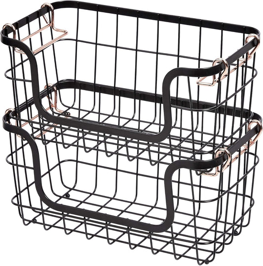 Stackable Metal Wire Rectangular Storage Baskets for Kitchen, Bathroom or Pantry Organizing