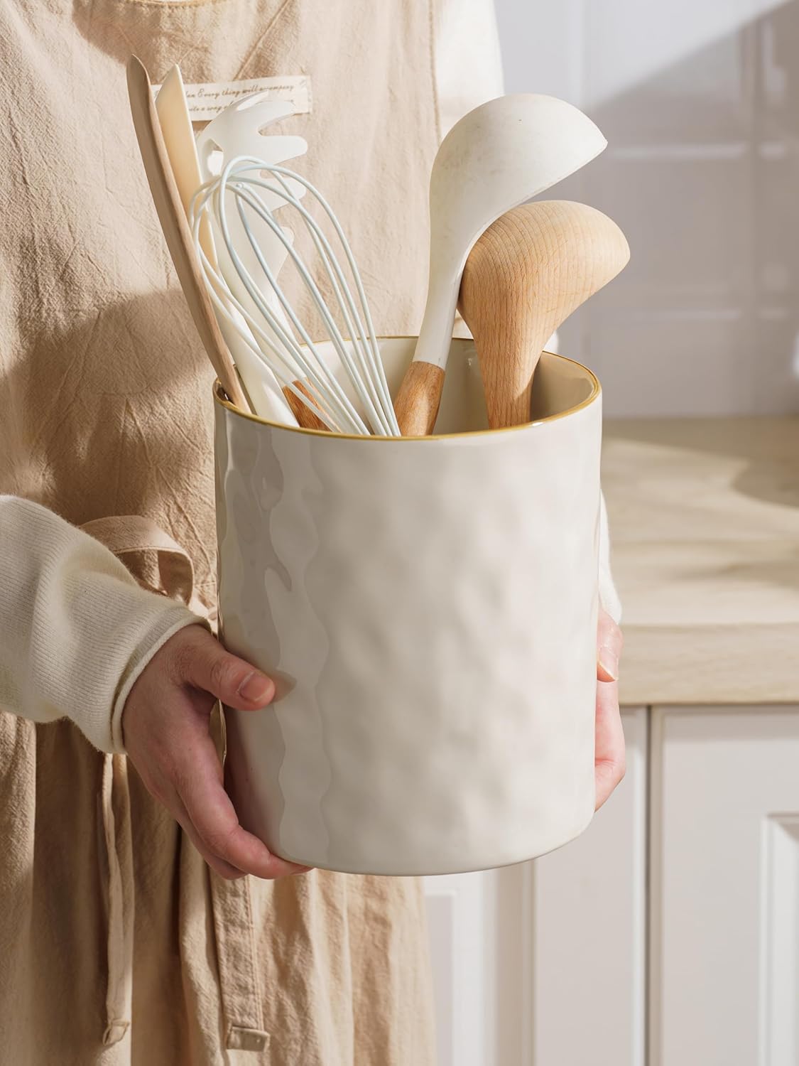 Ocean Utensil Holder, 7.2"+5.8" Ceramic Kitchen Utensil Holder for Countertop