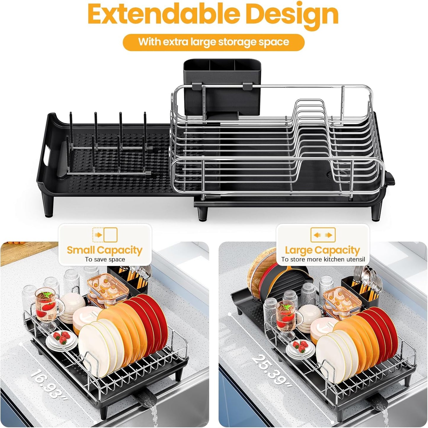 Expandable Dish Rack, Dish Drying Rack for Kitchen Counter, Foldable Dish Dryer Rack